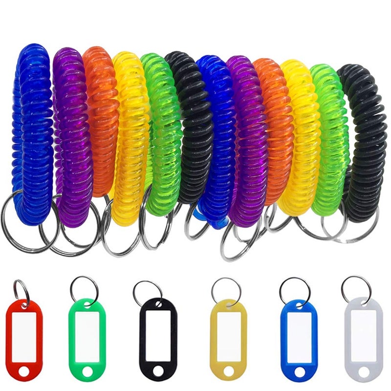 SENHAI 12 pcs Wristband Keychains & 6 pcs Key Tags, Plastic Coil Stretch Elastic Spring Spiral Bracelet Key Ring for Gym Pool ID Badge, Plastic ID Tags with Label Window for Keychain Pet Luggage Bag - Image 1